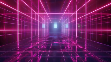 Purple neon light corridor with reflective floor and vanishing point perspective