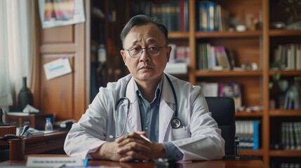 A middle-aged Chinese male doctor wearing glasses is sitting at a table with a bookshelf in the background - Powered by Adobe