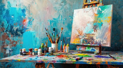 An artist's studio in full creative chaos, paint splattered everywhere, canvases in various stages of completion, vibrant colors clashing and blending. Resplendent.