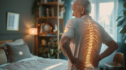 Senior man with spinal cord highlight showing back pain. Health and aging concept. Design for medical brochure, educational material - obrazy, fototapety, plakaty