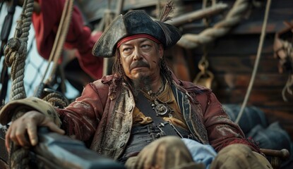 High seas adventure: a daring pirate, captivating piracy, treasure hunt, ship battle, adventure, danger, and the spirit of maritime legends
