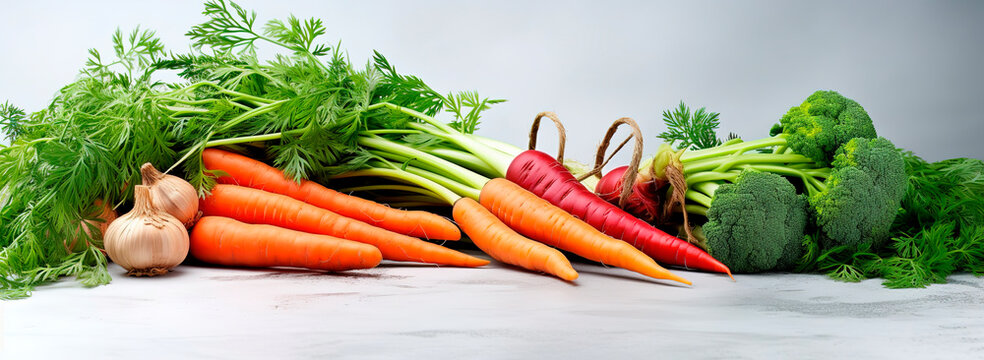 Banner vegetables on white wooden background carrot, dill, parsley, broccoli, radish, cabbage, beet vegetarian diet fitness healthi meal calad ingredients smoothie coocing