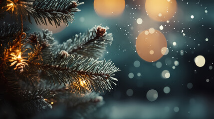 Christmas tree branches with bokeh lights and snowflakes on blurred background