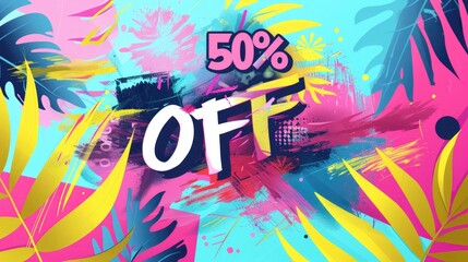 Striking illustration with 50% OFF amongst flowing abstract shapes in vivid pink and blue hues, ideal for sales promotions
