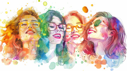Naklejka premium Diverse group of women in watercolor art. Infectious laughter and dynamic bond, International Women's Day, joy of friendship, and the celebration of diversity.