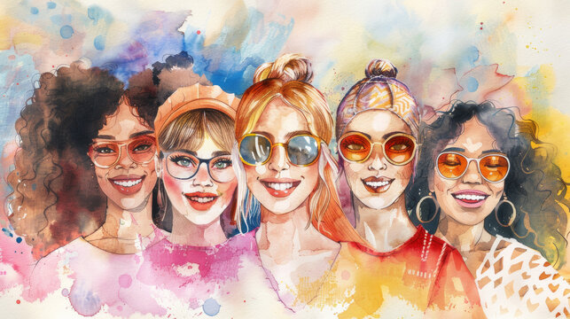 Diverse group of women in watercolor art. Infectious laughter and dynamic bond, International Women's Day, joy of friendship, and the celebration of diversity.