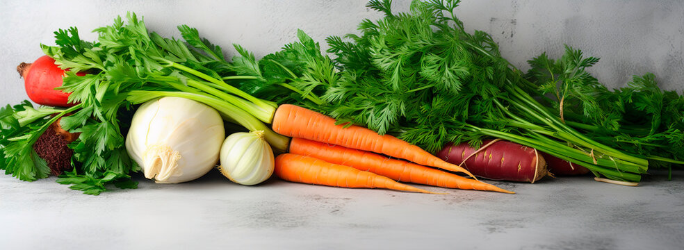 Banner vegetables on white wooden background carrot, dill, parsley, broccoli, radish, cabbage, beet vegetarian diet fitness healthi meal calad ingredients smoothie coocing