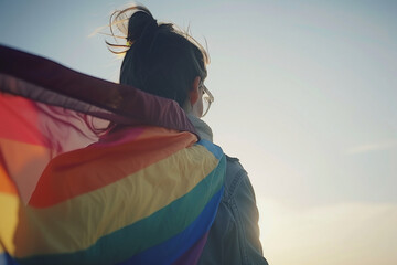 person with lgbt pride flag draped over shoulders