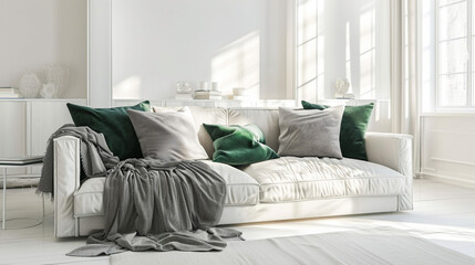Fototapeta na wymiar Stylish sofa with grey and green pillows and blankets in the middle of elegant . Generative Ai