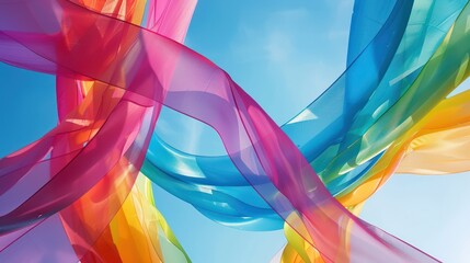 Rainbow ribbons dance across a serene sky-blue backdrop, evoking feelings of wonder and joy in an abstract display.