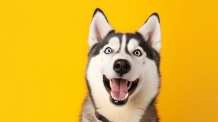 cute husky dog with funny gesture on a yellow background with copy space