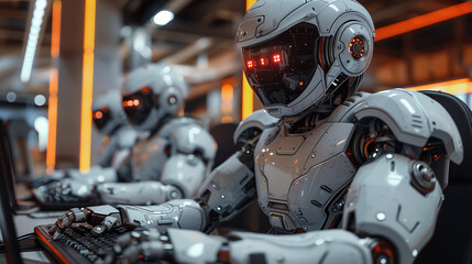 Fototapeta premium Robots at work, robots in the office, robots busy in a row