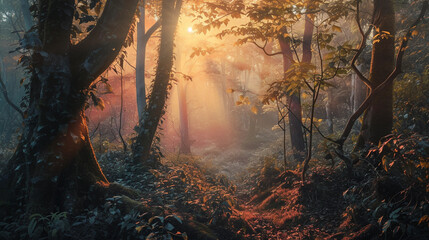 Sunrise morning inside fantasy forest . Generative Ai