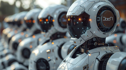 Fototapeta premium Robots at work, robots in the office, robots busy in a row