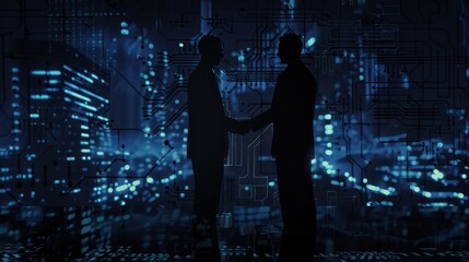 two businessman, shaking hands in the dark, with electronic components in the background, geometric shapes and patterns, indigo, black, business and economic growth.