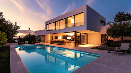 Fototapeta na wymiar Swimming pool and illuminated modern house exterior against the sky. Generative Ai