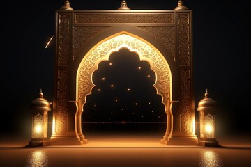3D illustration of Ramadan Kareem greeting card with golden mosque door, Ai Generated