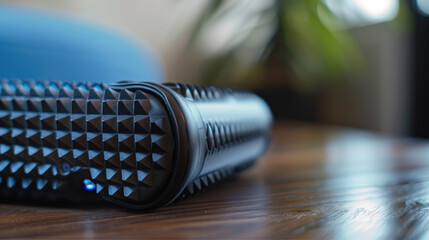 A closeup of a smart foam roller with pressure sensors and a smartphone app for personalized myofascial release and pain management for individuals with chronic back pain.