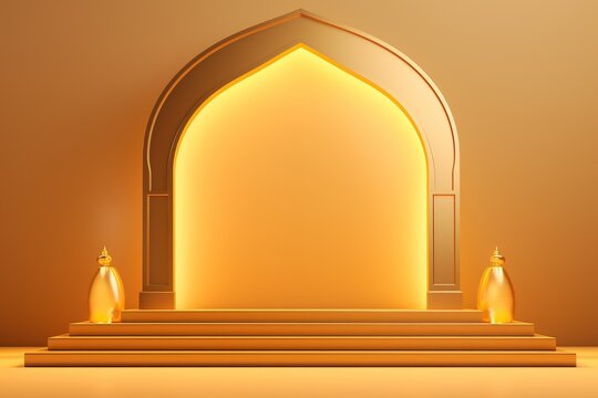 3d render of golden eid mubarak background with golden arch, Ai Generated