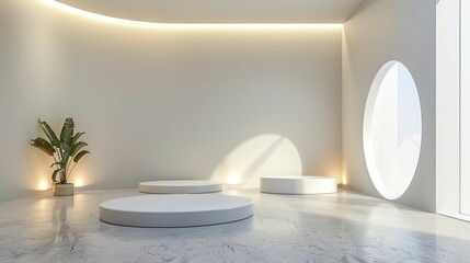 An abstract gallery with sleek white podiums, highlighting designer fashion and accessories.