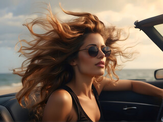 Blurred face of a woman with flowing hair enjoying freedom during a beachside drive in a convertible - obrazy, fototapety, plakaty