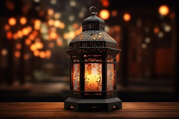 Lantern on wooden table at night, Ramadan Kareem background, Ai Generated