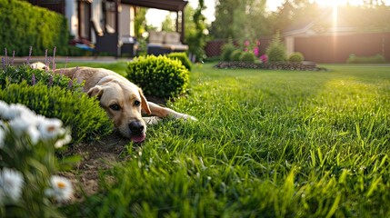 Cute dog pet sleeping on green grass summer on backyard concept wallpaper background