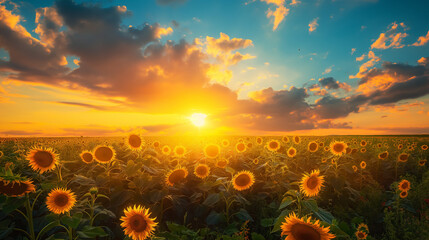 A vibrant sunset over a field of sunflowers, radiating warmth and positivity.