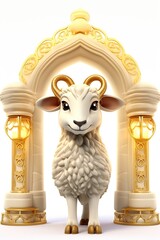 Sheep in front of the entrance to the temple. 3D rendering, AI Generated