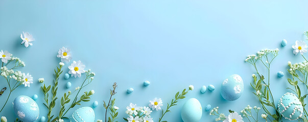 Frame with blue easter eggs and white flowers on pastel background. Happy Easter concept. Simple spring template, greeting card, banner. Top view, flat lay with copy space