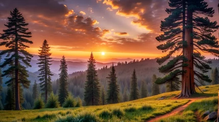 Abwaschbare Fototapete Backstein A serene scene of sunset, amidst lush trees, vibrant colors of spring, and the soothing embrace of nature's beauty, Nature landscape wallpaper. Generative ai