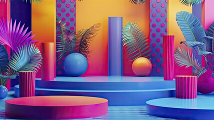Lively abstract festival scene with colorful podiums for music and entertainment gadgets.