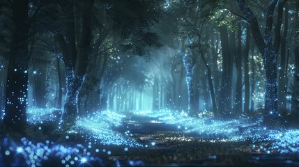 Luminous bioluminescent forest enhances natural beauty and health products.