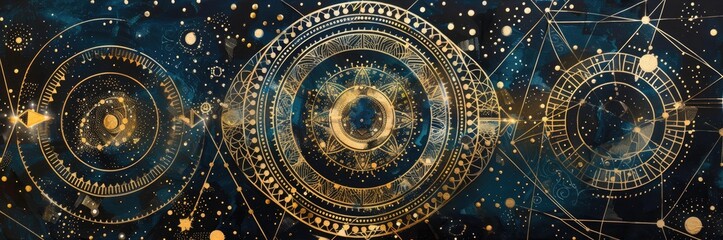 Obraz premium A celestial-themed mandala with intricate geometric patterns and gold metallic highlights 