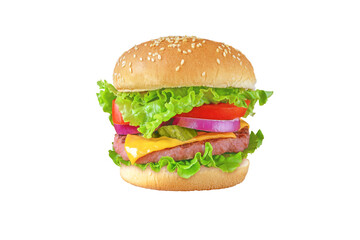 Burger or hamburger with patty of ground beef meat, cheese, lettuce, tomato, onion, 
pickles and bun with sesame seeds. Tasty colorful sandwich isolated transparent png.
