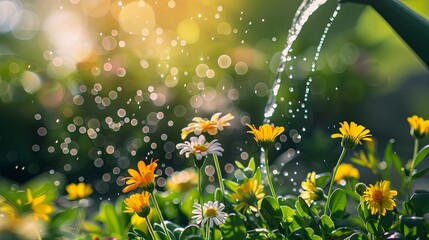 Watering growing flowers concept wallpaper background