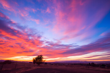Fototapeta na wymiar Breathtaking Twilight Tapestry: Radiant Display of Sunset Hues across the Immense Sky Canvas