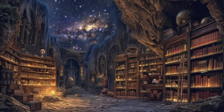An ancient library filled with magical books, glowing orbs, and mystical artifacts. Shelves reach up to a high, vaulted ceiling, with soft light filtering through stained glass windows. Resplendent.