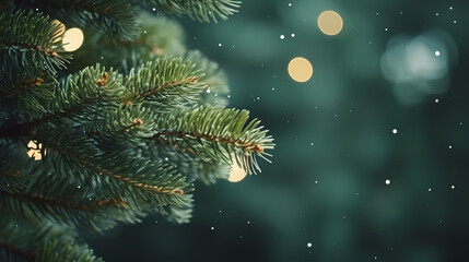 Green Christmas tree branches in snow background