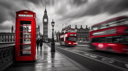 Foto op Canvas Large clock, red telephone booth, big ben, black and white, in the style of time-lapse photography © Niklas