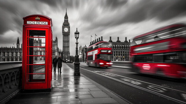 Large clock, red telephone booth, big ben, black and white, in the style of time-lapse photography