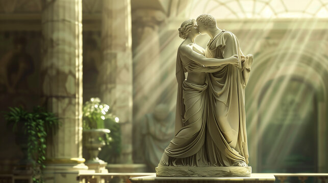 Statue of two lovers kissing in the style of historical romanticism