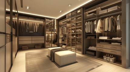 Luxurious walk-in closet with bright lighting and comfortable furnishings