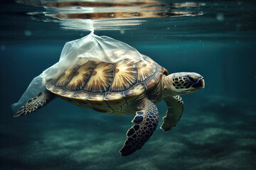 Turtle near a plastic bag