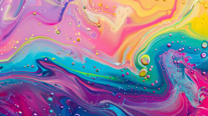 A mesmerizing mix of colors creating a fluid, psychedelic pattern with glistening droplets that catch the eye