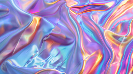 Detailed image captures the flowing texture of a brightly colored holographic fabric with a smooth feel