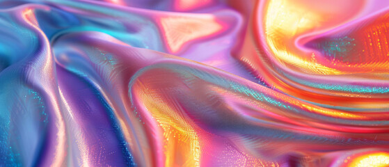 This image displays a dynamic arrangement of swirls and curves on a holographic silky fabric surface
