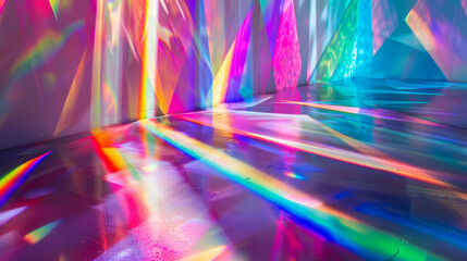 The photo captures colorful light beams creating a dynamic and visually engaging modern art installation