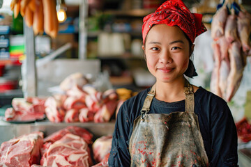 Asian butcher woman, 30 years old, posing, smiling and looking at the camera at her workplace, in a butcher's shop