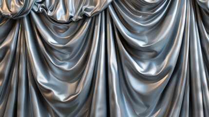 The image displays the dramatic heavy drapery effect of luxurious silver satin, suggesting opulence - obrazy, fototapety, plakaty